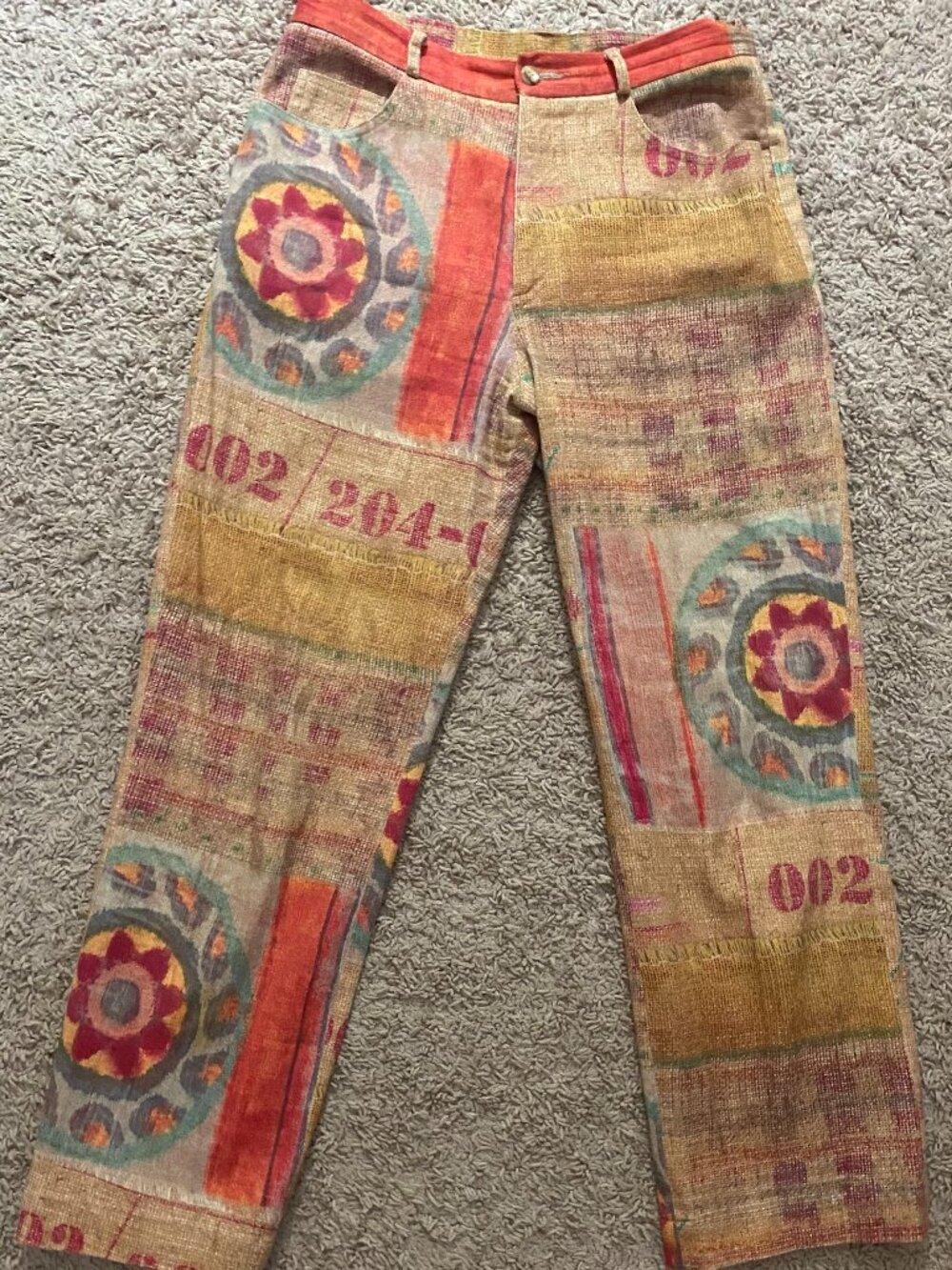 Vintage Barry Bricken Patchwork Tapestry Burlap Print Pants - Size 4